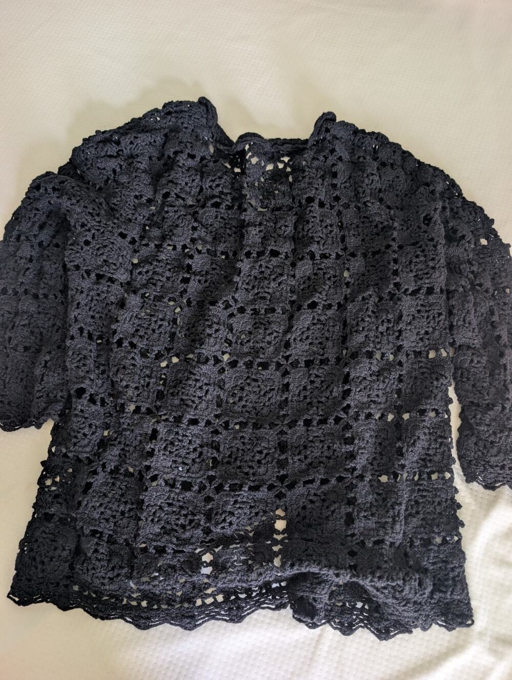 J. Jill Cardigan Women’s XL Hand Crocheted Floral Black Linen Blend Cottagecore